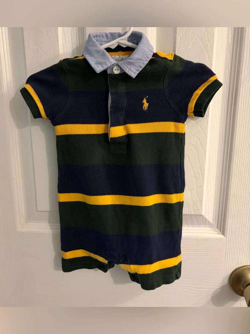 Ralph Lauren Classic Boy's Polo-Style Romper Green/Blue/Yellow Stripes Size 3M
